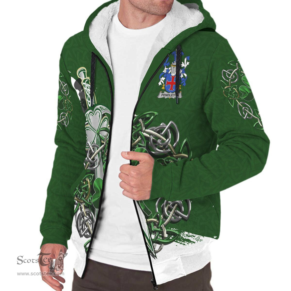 Irish Pendleton Family Crest Ireland Sherpa Hoodie Irish Shamrock and Sword
