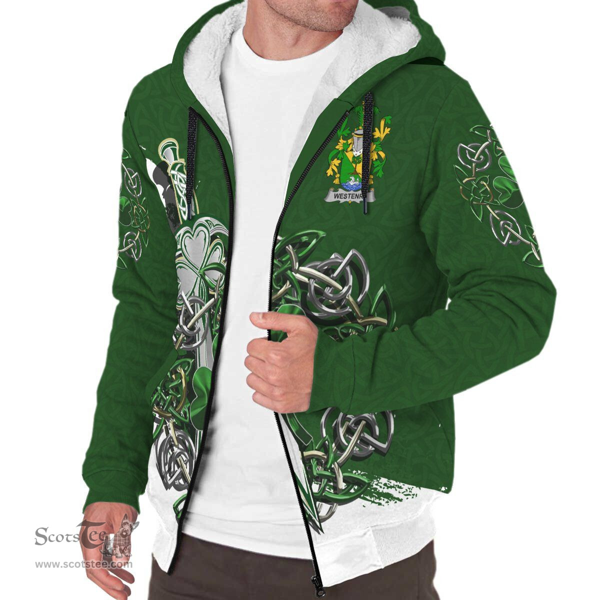 Irish Westenra Family Crest Ireland Sherpa Hoodie Irish Shamrock and Sword