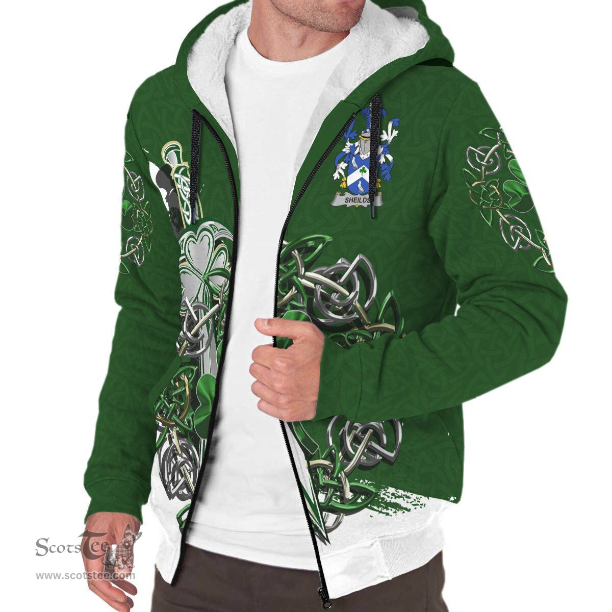 Irish Sheilds Family Crest Ireland Sherpa Hoodie Irish Shamrock and Sword