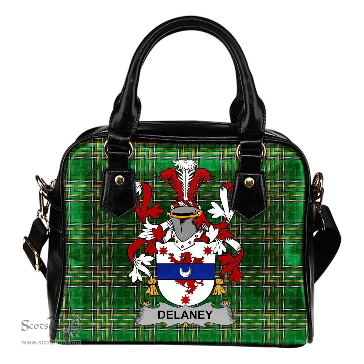 Irish Delaney or O'Delany Coat of Arms Family Crest Ireland Shoulder Handbag Irish National Tartan Irish County Handbag