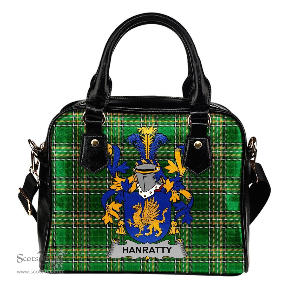 Irish Hanratty or O'Hanraghty Coat of Arms Family Crest Ireland Shoulder Handbag Irish National Tartan Irish County Handbag