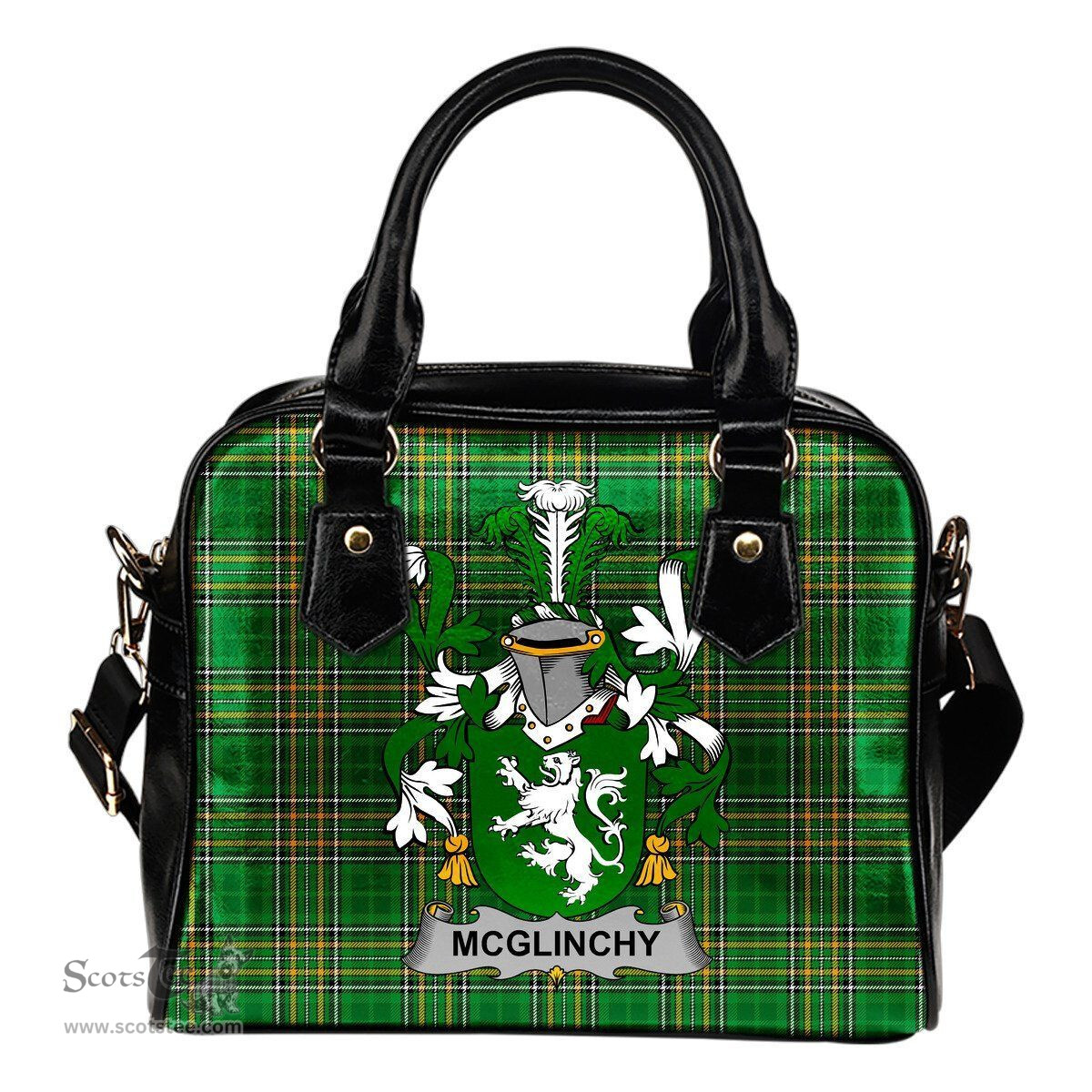 Irish McGlinchy or McGlinchey Coat of Arms Family Crest Ireland Shoulder Handbag Irish National Tartan Irish County Handbag