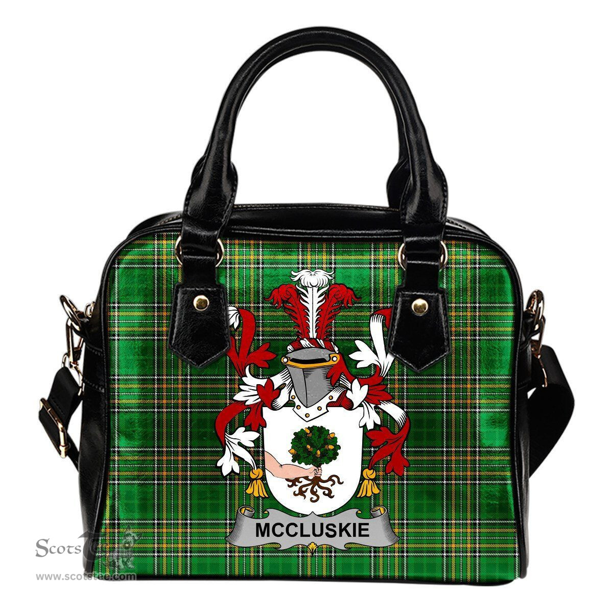 Irish McCluskie or McCloskie Coat of Arms Family Crest Ireland Shoulder Handbag Irish National Tartan Irish County Handbag