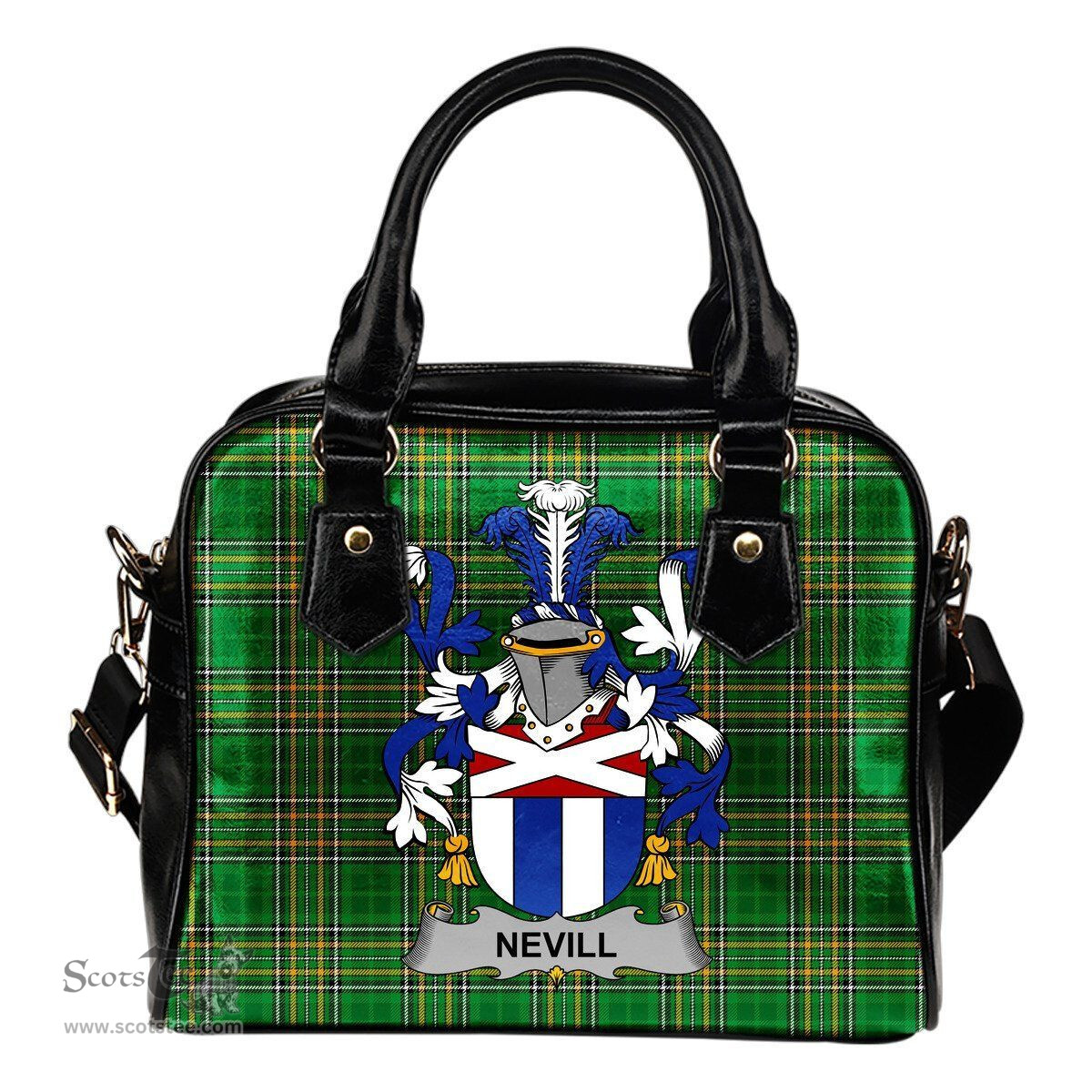 Irish Nevill or Neville Coat of Arms Family Crest Ireland Shoulder Handbag Irish National Tartan Irish County Handbag