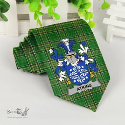 Irish Atkins Coat of Arms Family Crest Ireland Neck Tie Irish National Tartan Irish County Tie