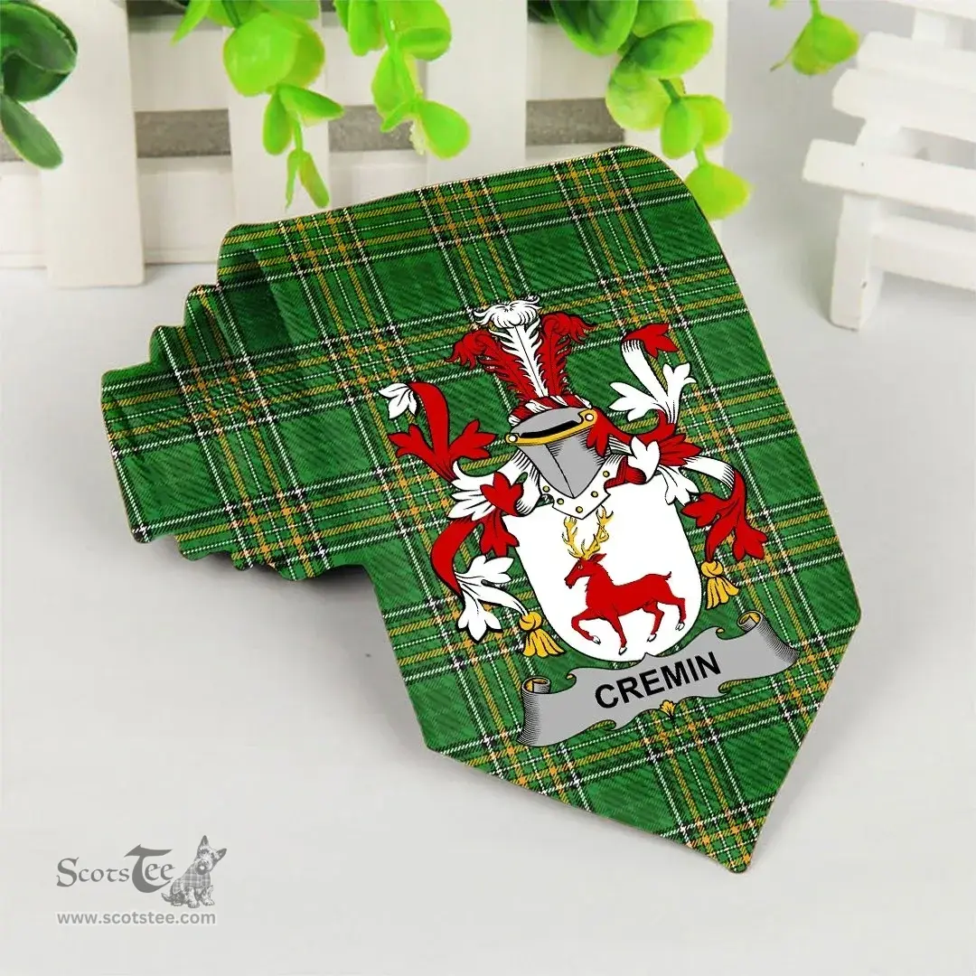 Irish Cremin or O'Cremin Coat of Arms Family Crest Ireland Neck Tie Irish National Tartan Irish County Tie