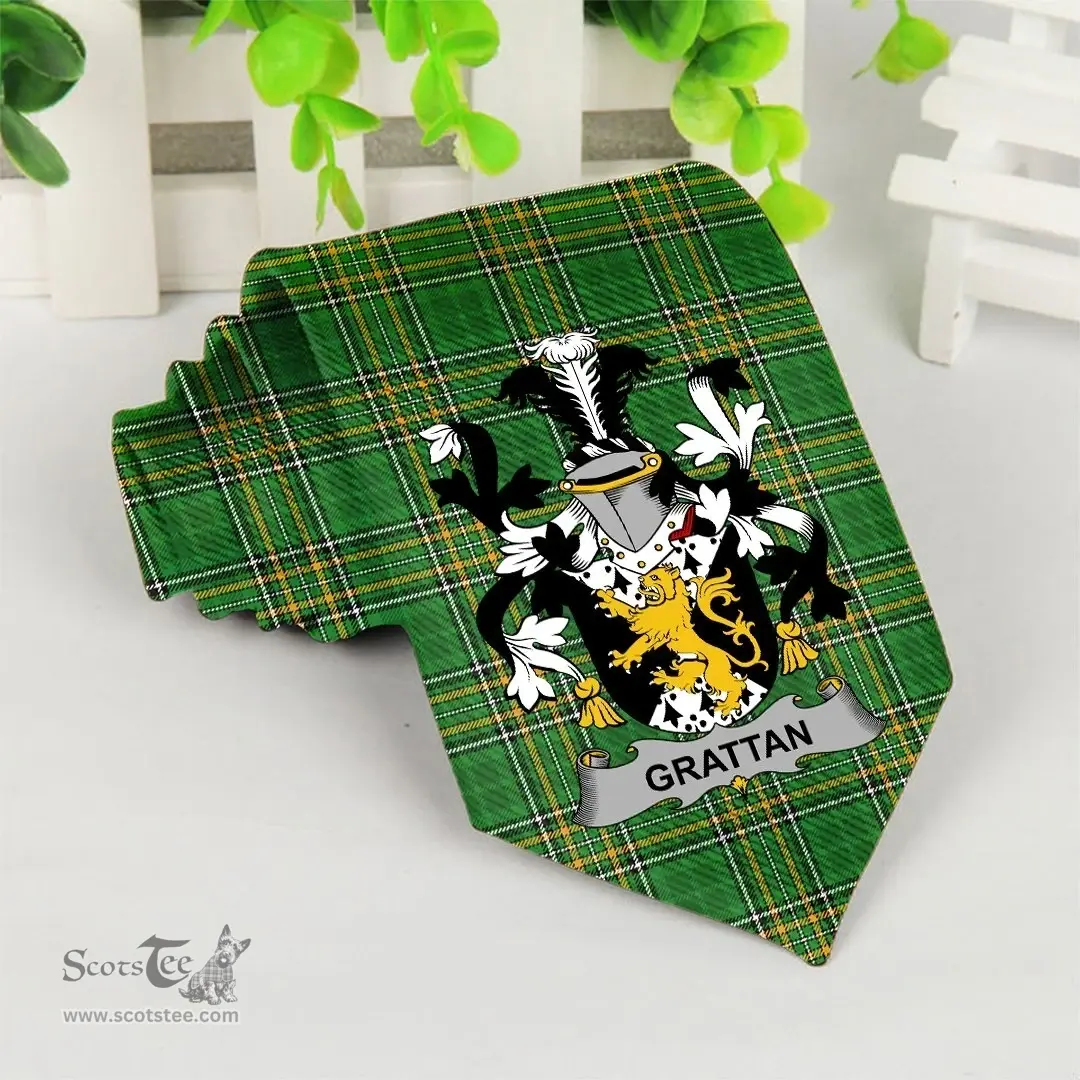 Irish Grattan or McGrattan Coat of Arms Family Crest Ireland Neck Tie Irish National Tartan Irish County Tie