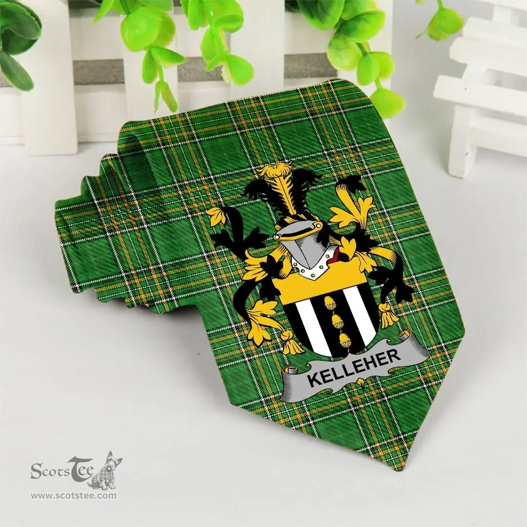 Irish Kelleher or O'Kelleher Coat of Arms Family Crest Ireland Neck Tie Irish National Tartan Irish County Tie