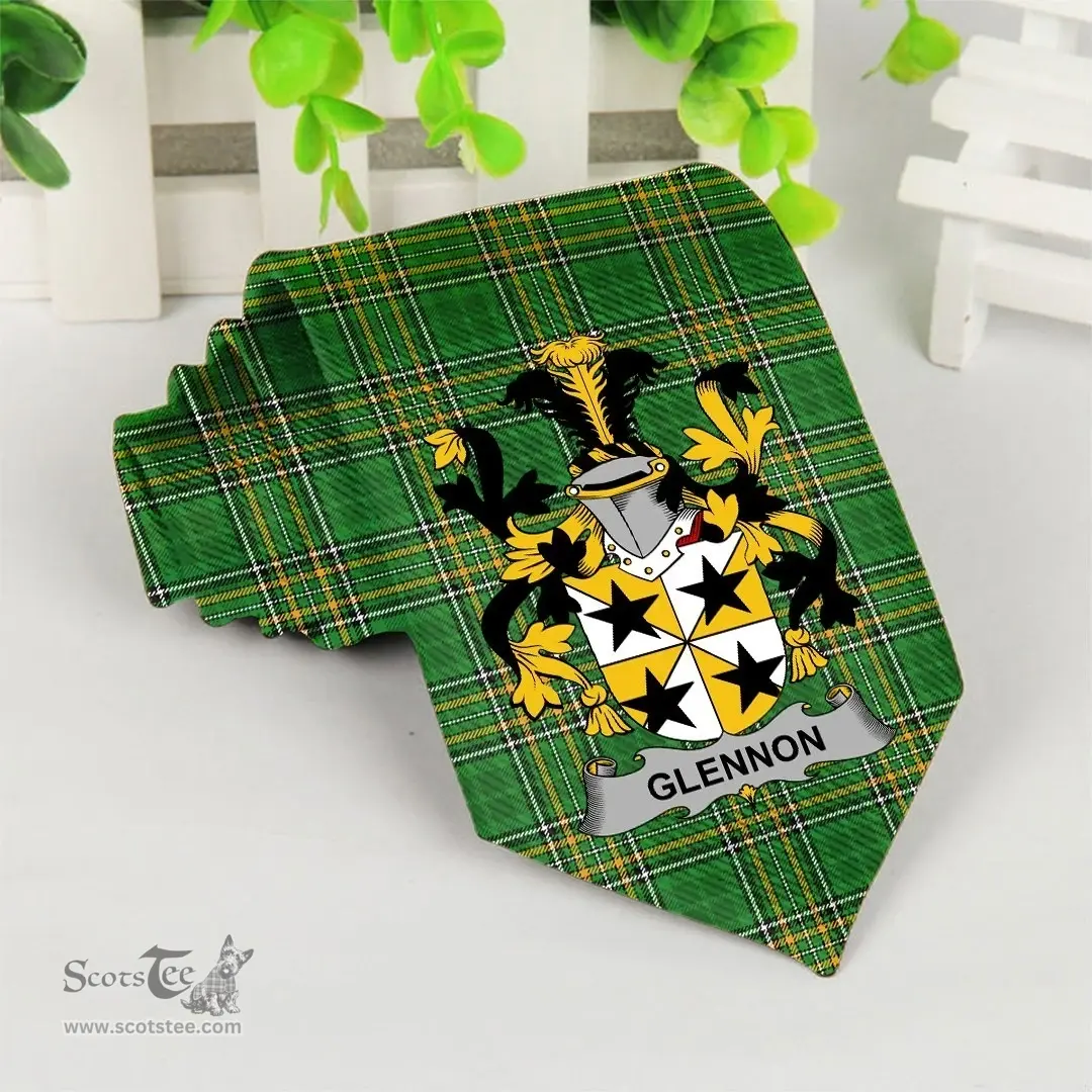 Irish Glennon or Glenane Coat of Arms Family Crest Ireland Neck Tie Irish National Tartan Irish County Tie
