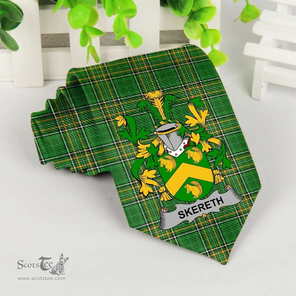 Irish Skereth or Skerret Coat of Arms Family Crest Ireland Neck Tie Irish National Tartan Irish County Tie