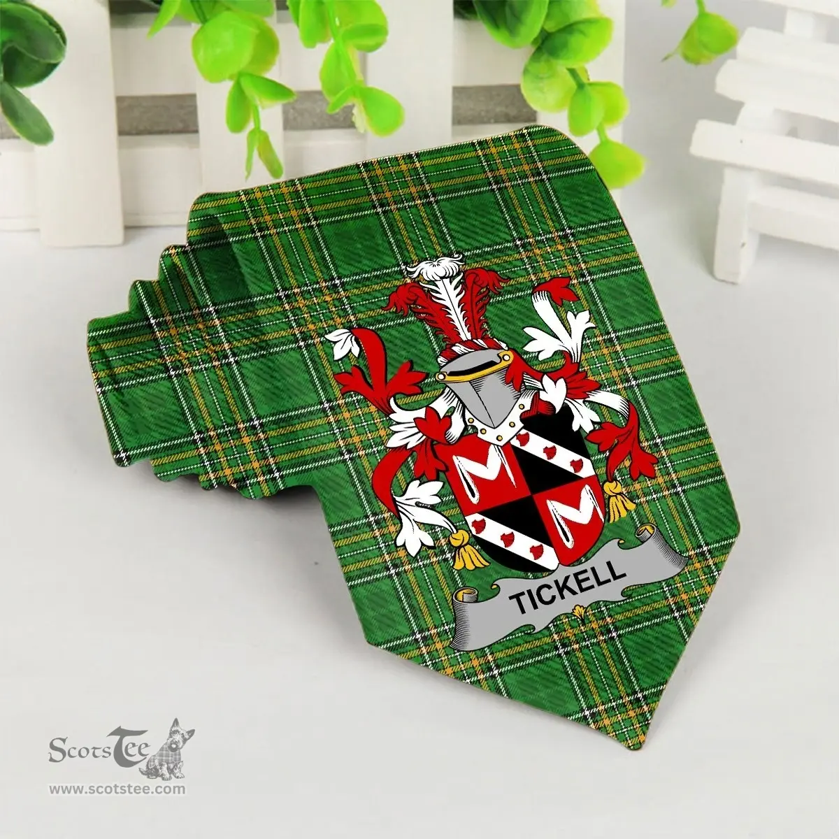 Irish Tickell Coat of Arms Family Crest Ireland Neck Tie Irish National Tartan Irish County Tie