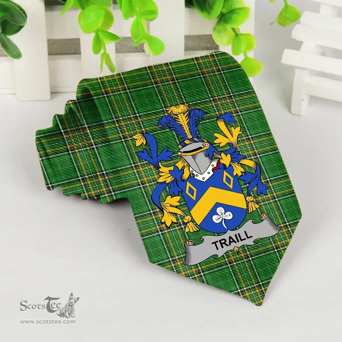 Irish Traill or Trayle Coat of Arms Family Crest Ireland Neck Tie Irish National Tartan Irish County Tie
