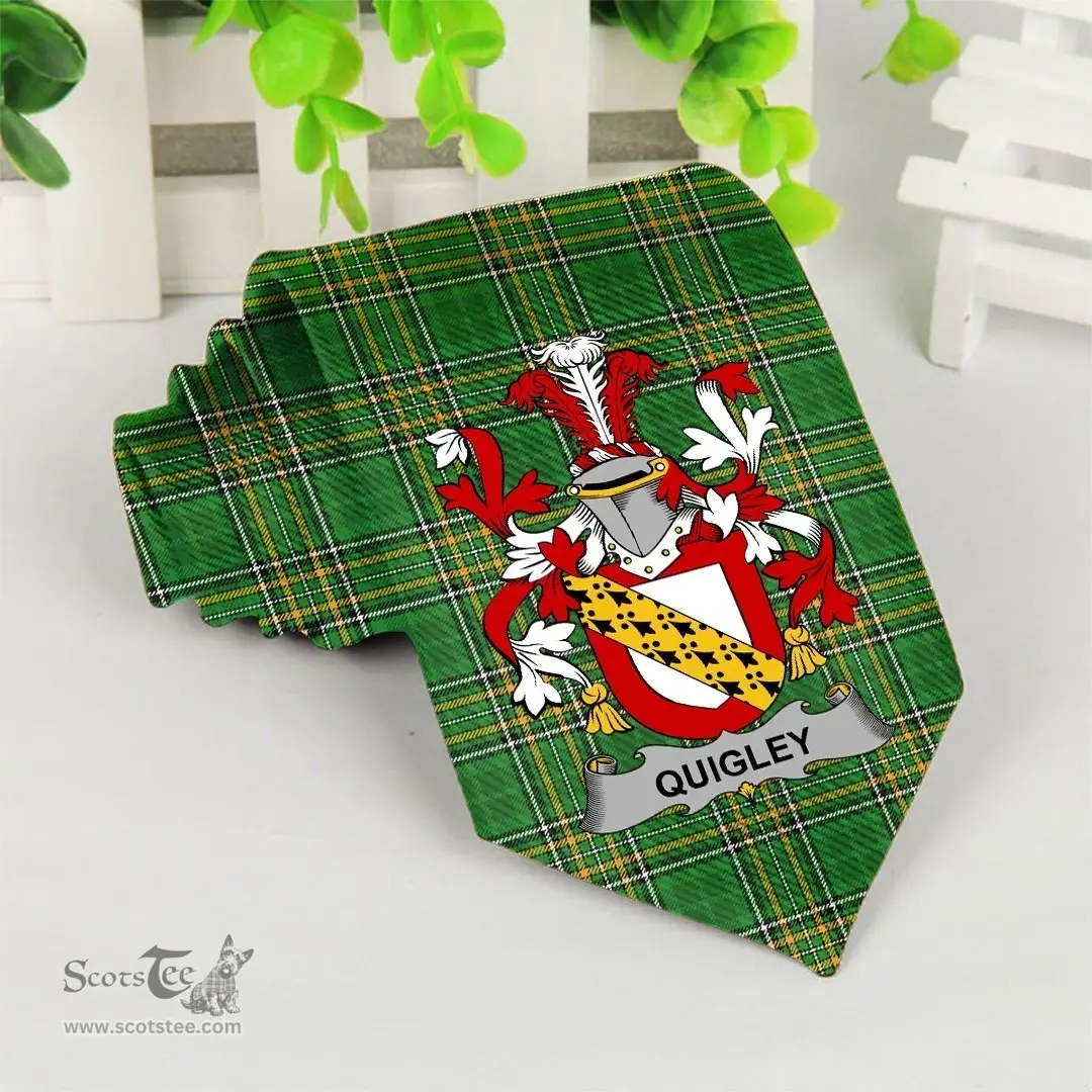 Irish Quigley or O'Quigley Coat of Arms Family Crest Ireland Neck Tie Irish National Tartan Irish County Tie