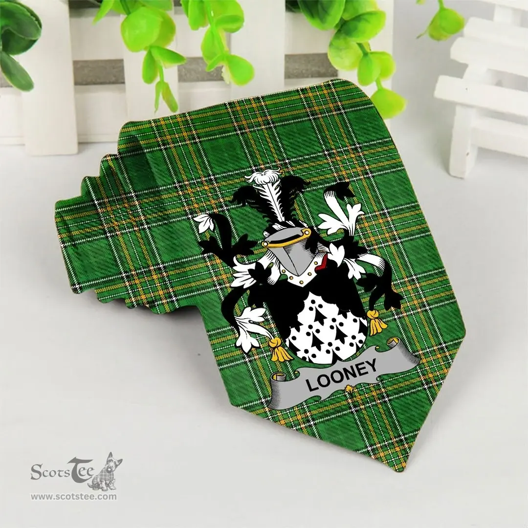 Irish Looney or O'Lunney Coat of Arms Family Crest Ireland Neck Tie Irish National Tartan Irish County Tie