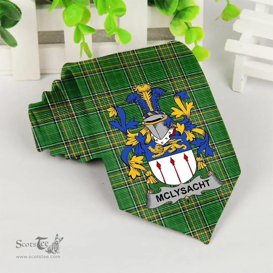 Irish McLysacht or Lysacht Coat of Arms Family Crest Ireland Neck Tie Irish National Tartan Irish County Tie