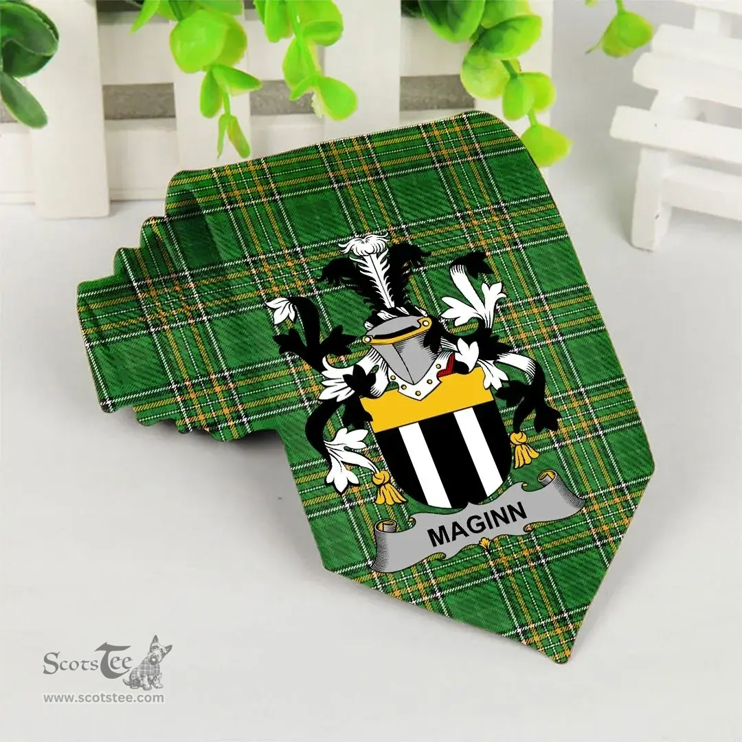 Irish Maginn or Ginn Coat of Arms Family Crest Ireland Neck Tie Irish National Tartan Irish County Tie