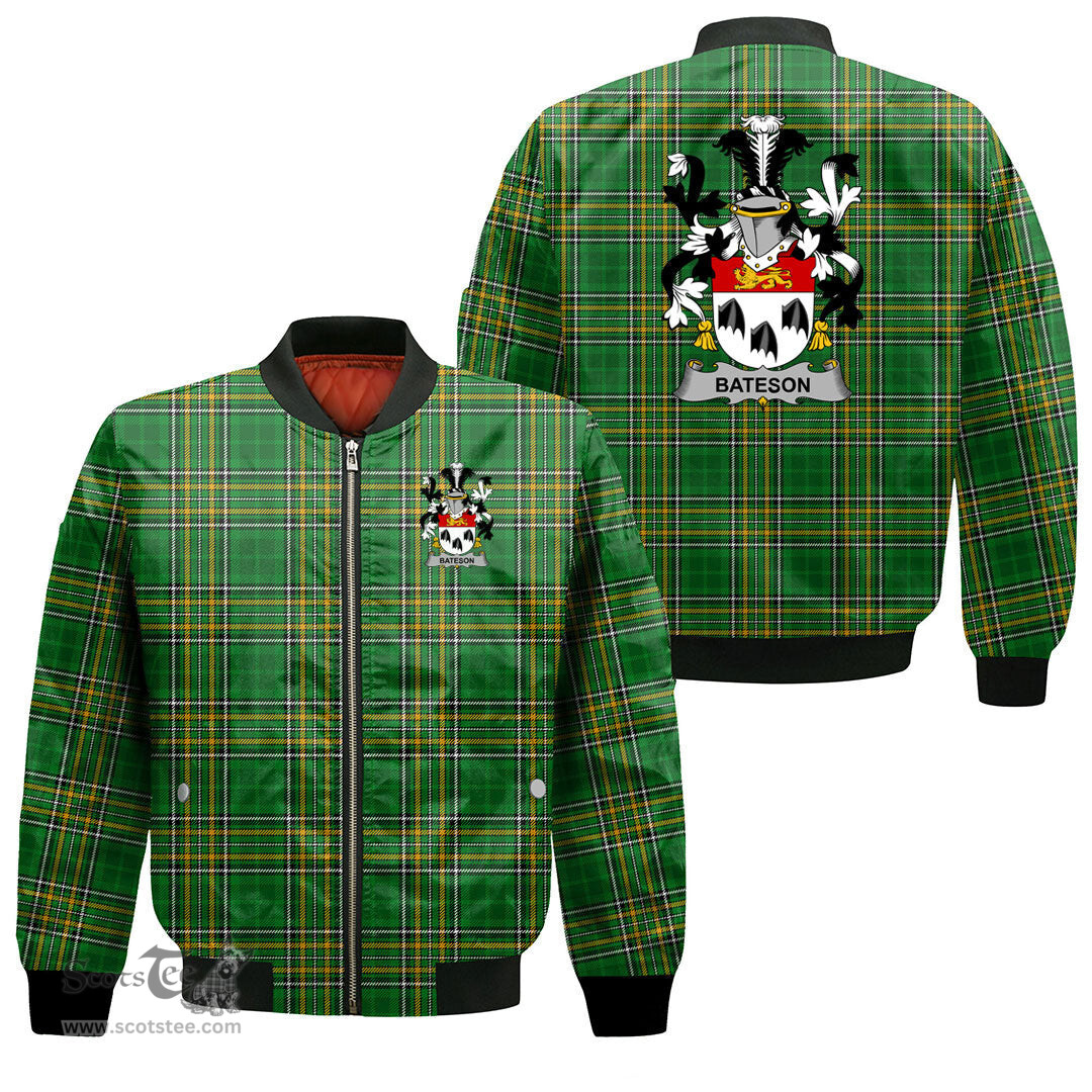Irish Bateson Coat of Arms Family Crest Ireland Bomber Jacket Irish National Tartan Irish County Jacket