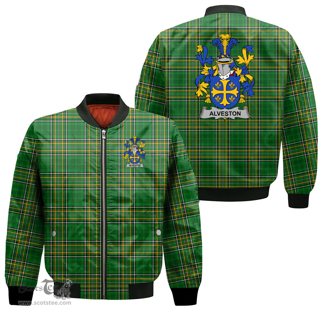 Irish Alveston Coat of Arms Family Crest Ireland Bomber Jacket Irish National Tartan Irish County Jacket