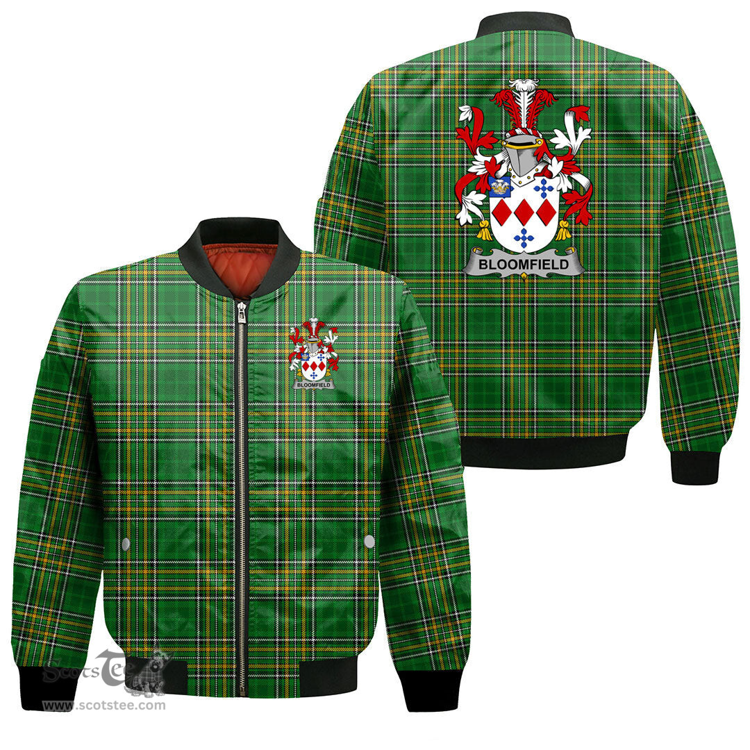 Irish Bloomfield Coat of Arms Family Crest Ireland Bomber Jacket Irish National Tartan Irish County Jacket