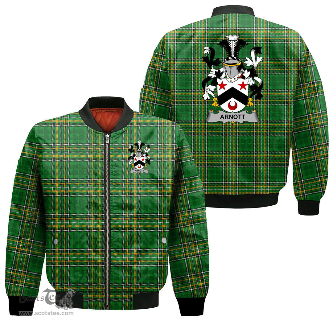 Irish Arnott Coat of Arms Family Crest Ireland Bomber Jacket Irish National Tartan Irish County Jacket