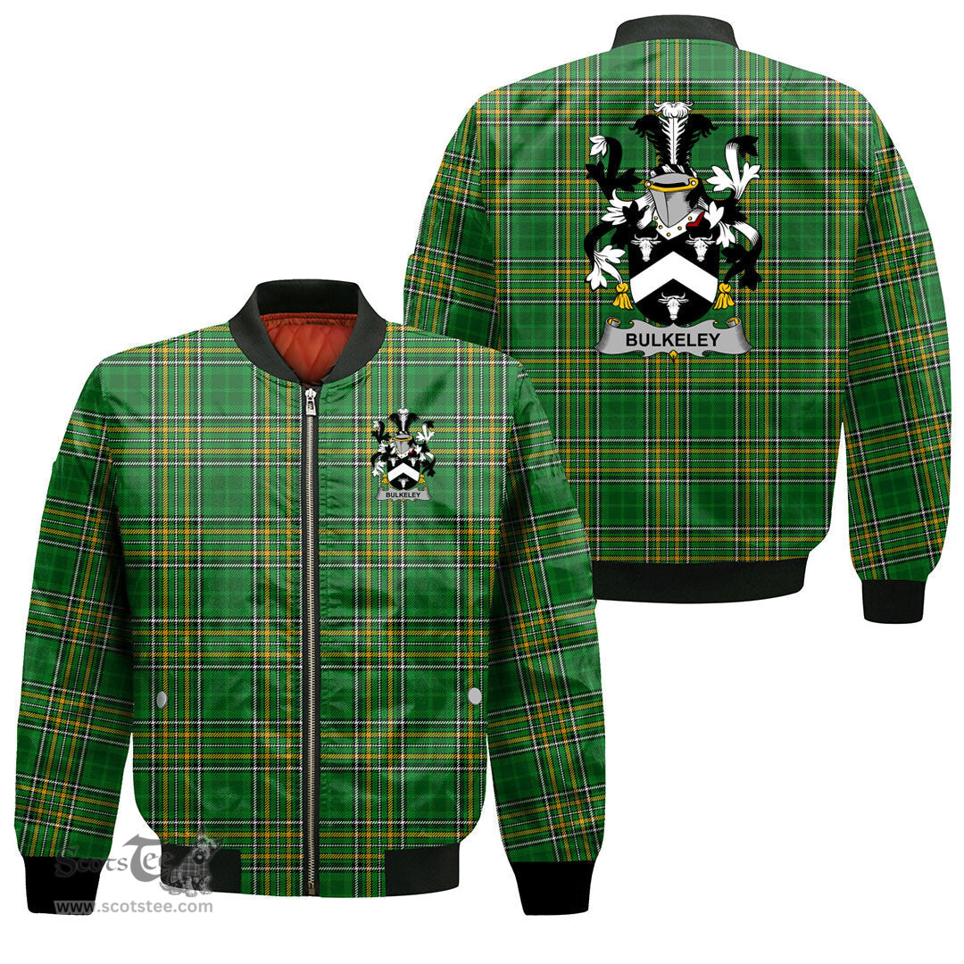 Irish Bulkeley Coat of Arms Family Crest Ireland Bomber Jacket Irish National Tartan Irish County Jacket
