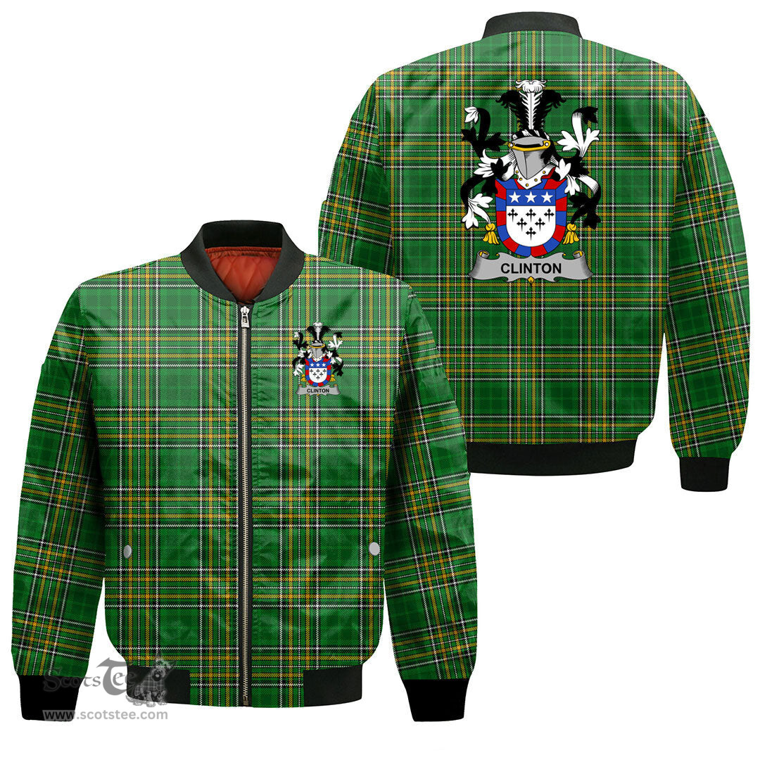 Irish Clinton Coat of Arms Family Crest Ireland Bomber Jacket Irish National Tartan Irish County Jacket
