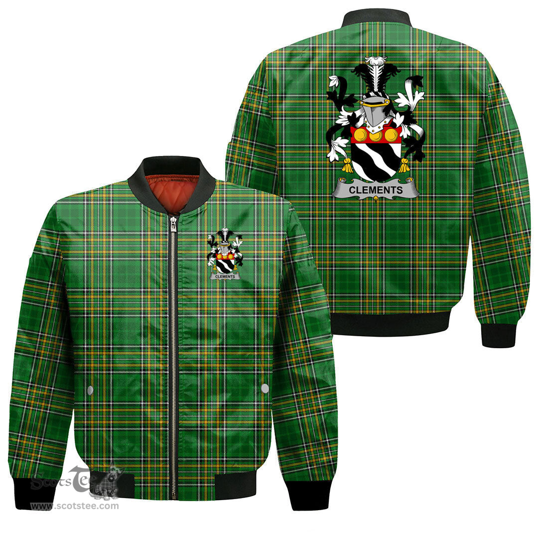 Irish Clements Coat of Arms Family Crest Ireland Bomber Jacket Irish National Tartan Irish County Jacket