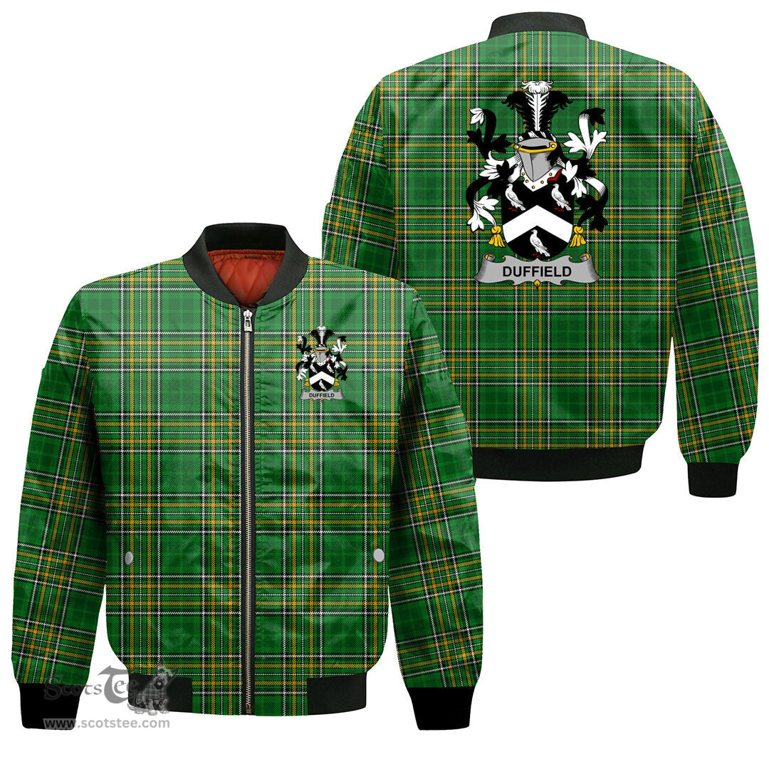Irish Duffield Coat of Arms Family Crest Ireland Bomber Jacket Irish National Tartan Irish County Jacket