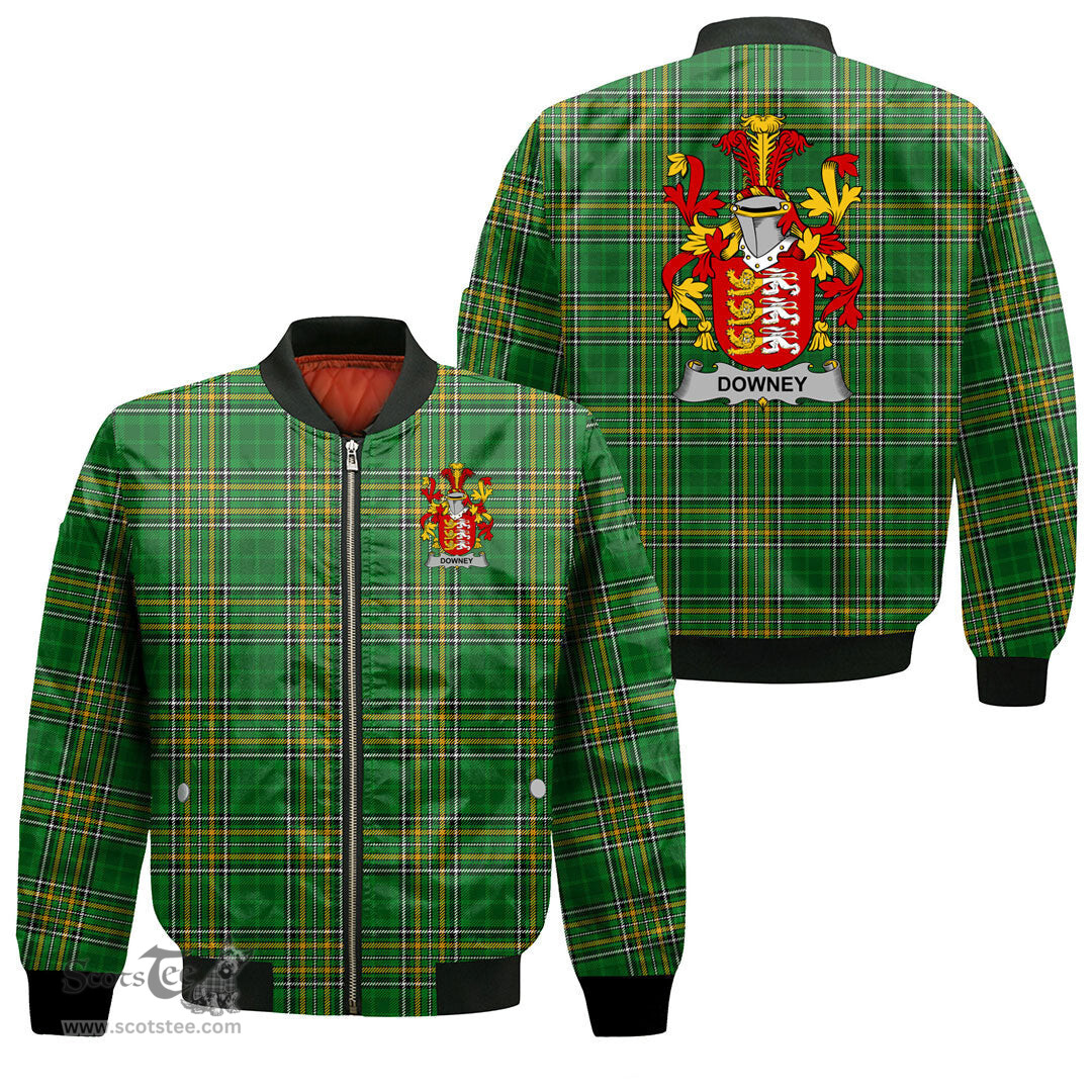 Irish Downey or O Downey Coat of Arms Family Crest Ireland Bomber Jacket Irish National Tartan Irish County Jacket