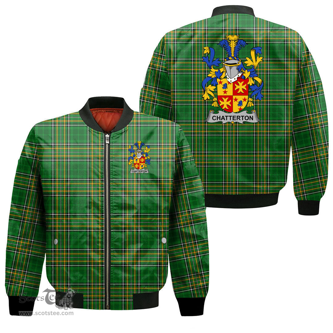 Irish Chatterton Coat of Arms Family Crest Ireland Bomber Jacket Irish National Tartan Irish County Jacket