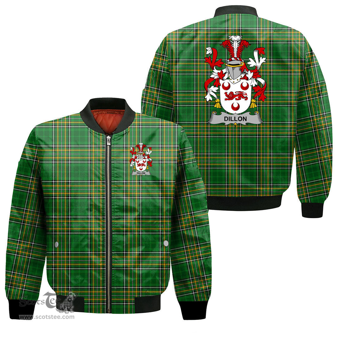 Irish Dillon Coat of Arms Family Crest Ireland Bomber Jacket Irish National Tartan Irish County Jacket