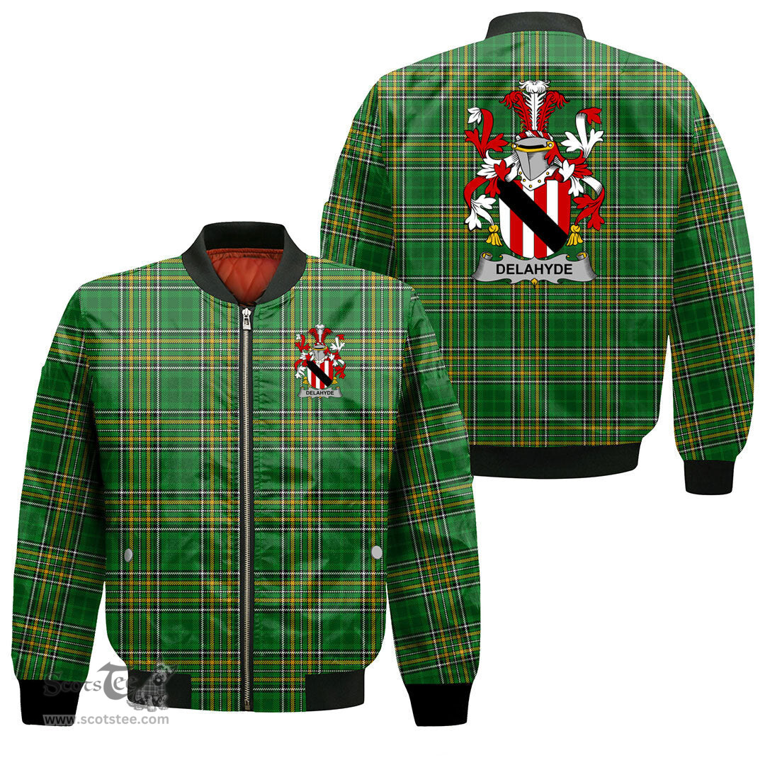 Irish Delahyde Coat of Arms Family Crest Ireland Bomber Jacket Irish National Tartan Irish County Jacket