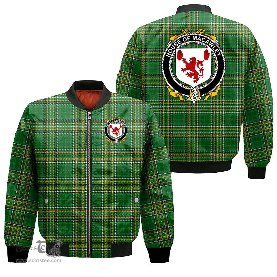 Irish House of MACAWLEY Coat of Arms Family Crest Ireland Bomber Jacket Irish National Tartan Irish County Jacket