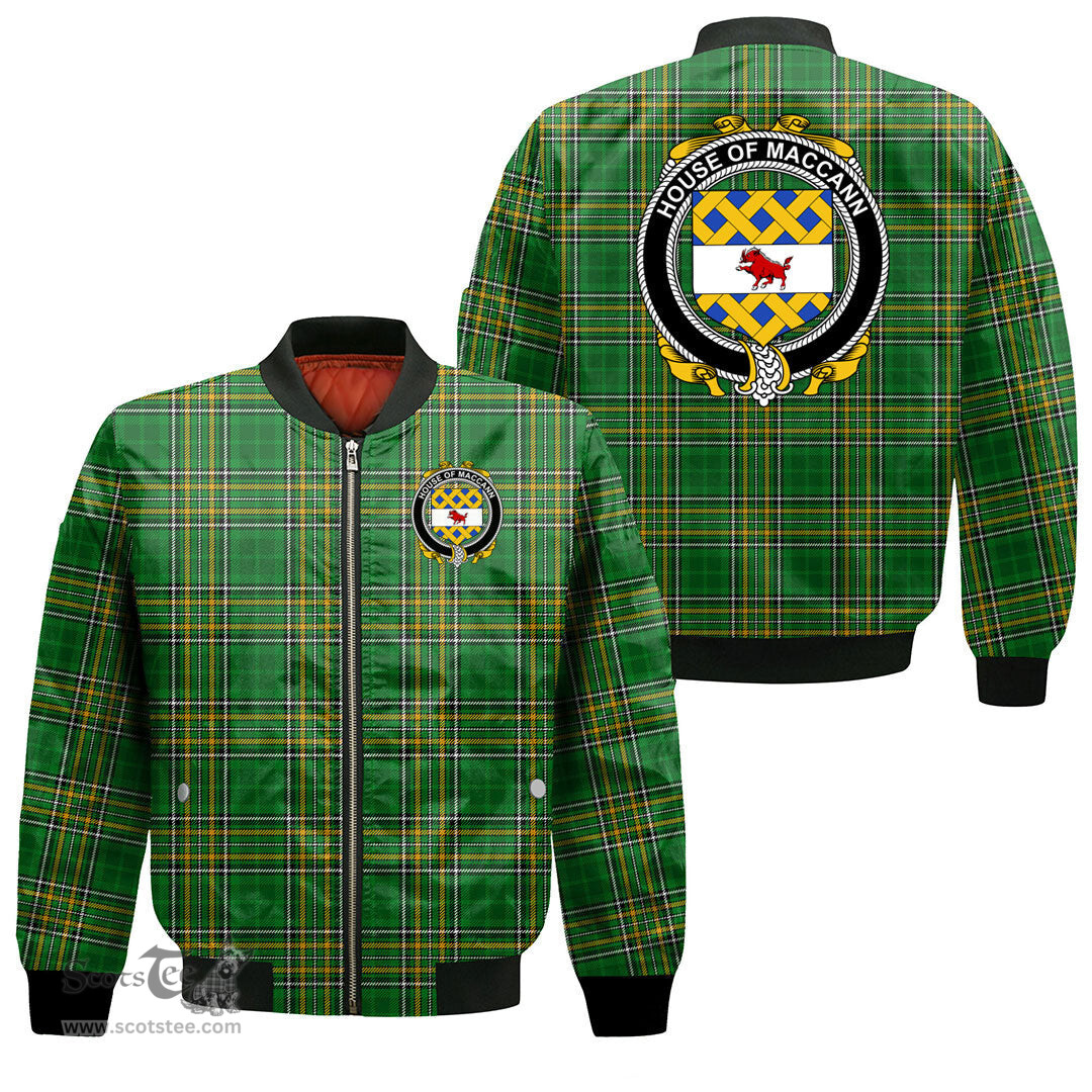 Irish House of MACCANN Coat of Arms Family Crest Ireland Bomber Jacket Irish National Tartan Irish County Jacket