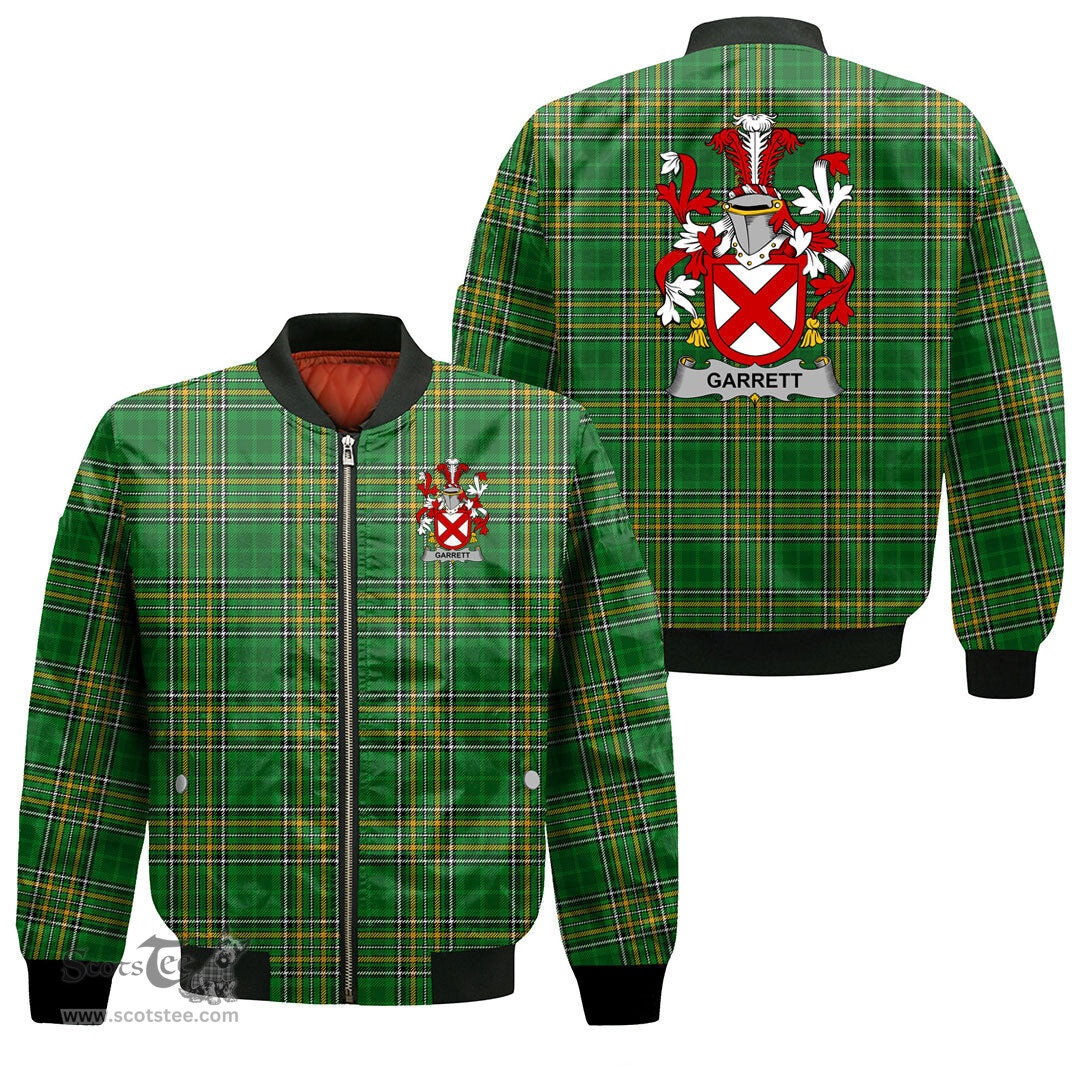Irish Garrett Coat of Arms Family Crest Ireland Bomber Jacket Irish National Tartan Irish County Jacket