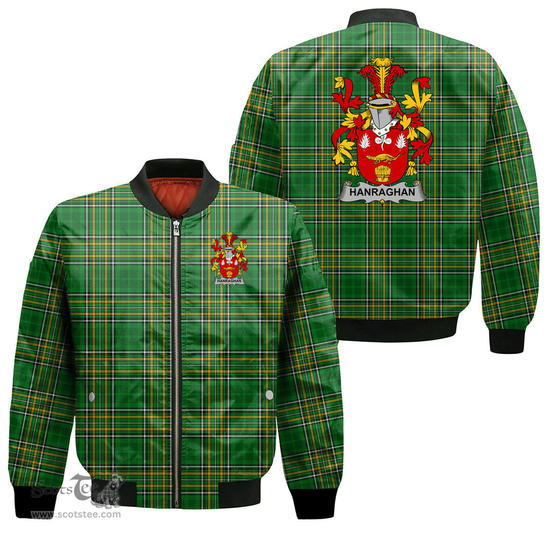 Irish Hanraghan or O Hanraghan Coat of Arms Family Crest Ireland Bomber Jacket Irish National Tartan Irish County Jacket
