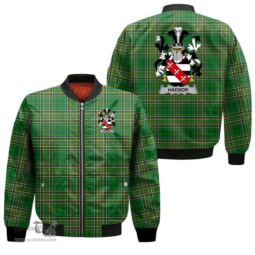 Irish Hadsor Coat of Arms Family Crest Ireland Bomber Jacket Irish National Tartan Irish County Jacket