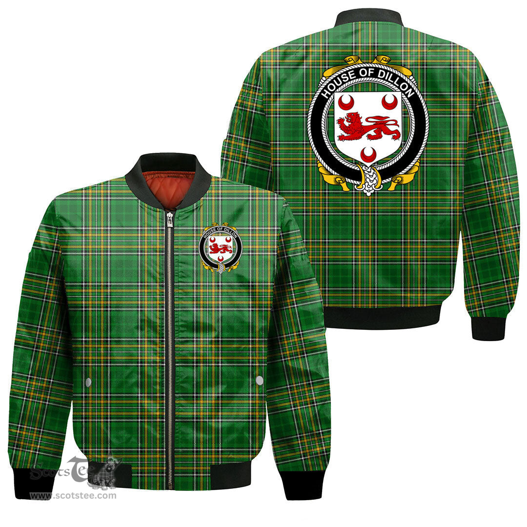 Irish House of DILLON Coat of Arms Family Crest Ireland Bomber Jacket Irish National Tartan Irish County Jacket
