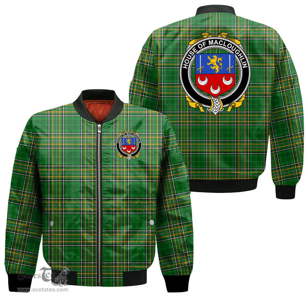 Irish House of MACLOUGHLIN Tirconnell Coat of Arms Family Crest Ireland Bomber Jacket Irish National Tartan Irish County Jacket