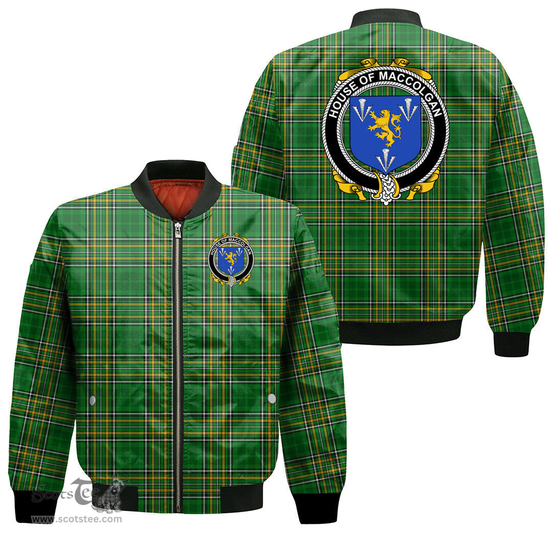 Irish House of MACCOLGAN Coat of Arms Family Crest Ireland Bomber Jacket Irish National Tartan Irish County Jacket