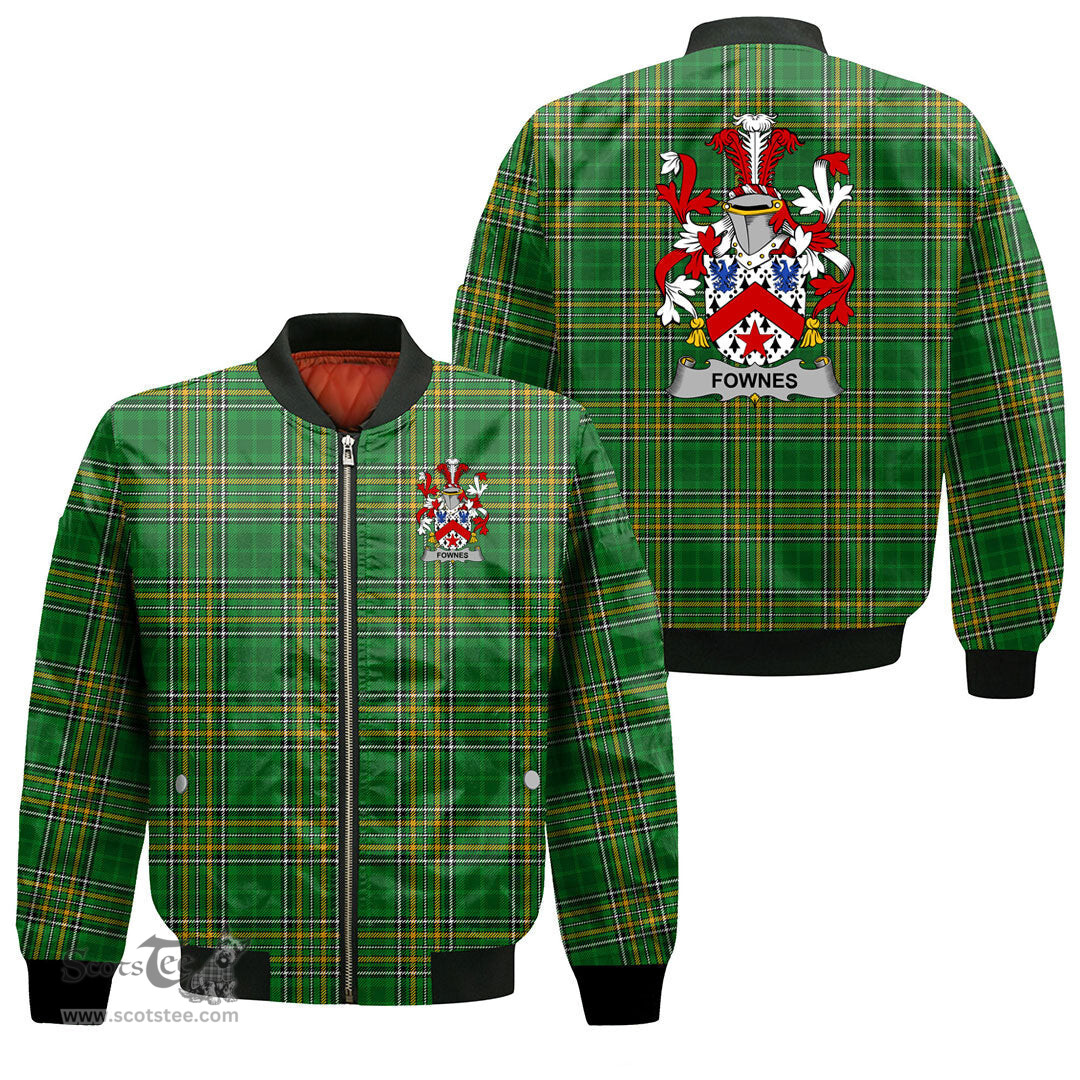 Irish Fownes Coat of Arms Family Crest Ireland Bomber Jacket Irish National Tartan Irish County Jacket