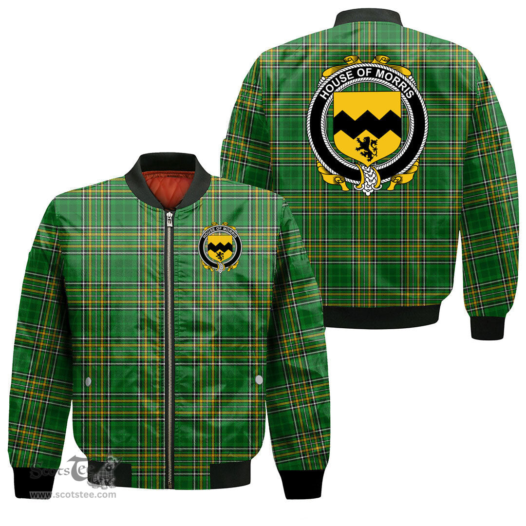 Irish House of MORRIS Coat of Arms Family Crest Ireland Bomber Jacket Irish National Tartan Irish County Jacket