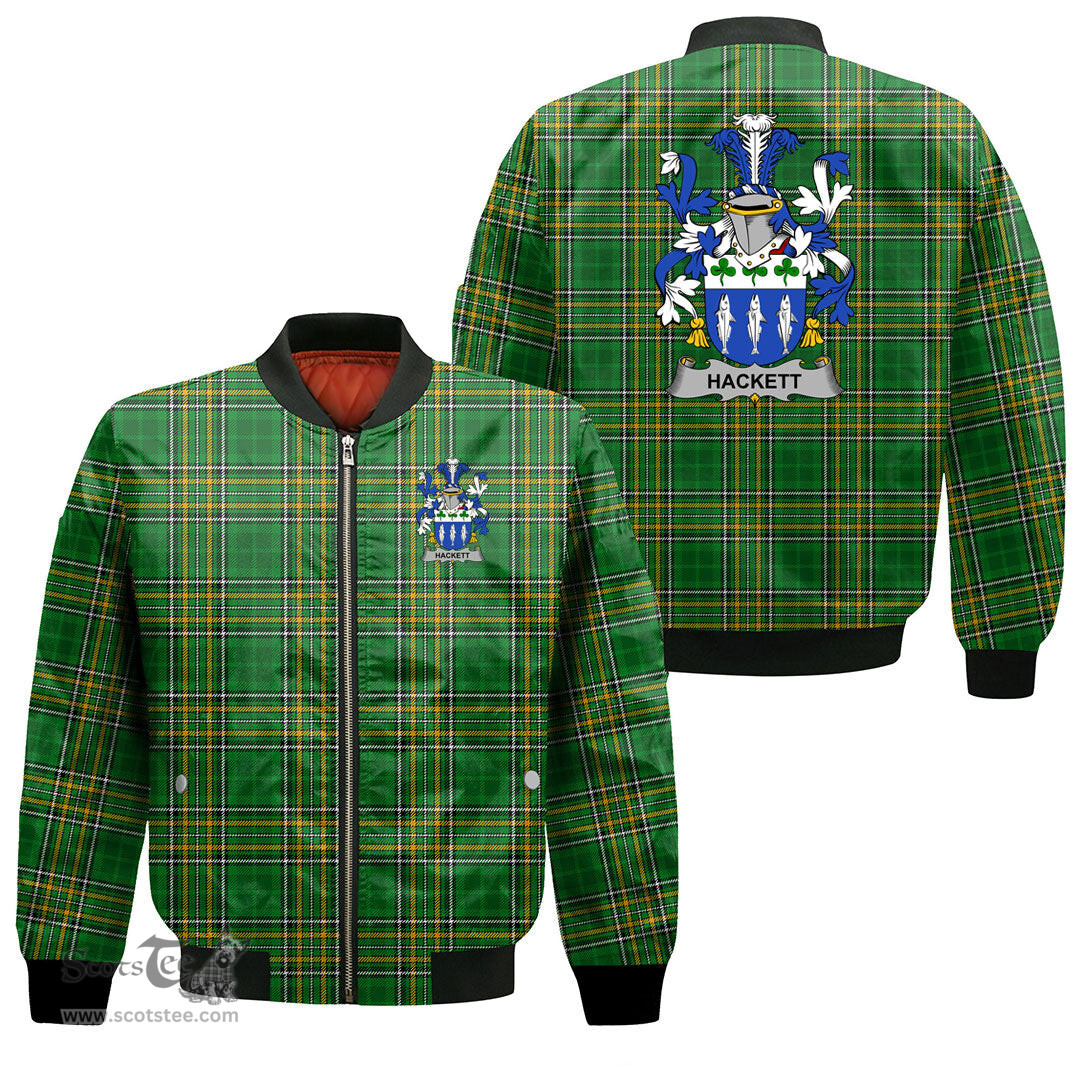 Irish Hackett Coat of Arms Family Crest Ireland Bomber Jacket Irish National Tartan Irish County Jacket