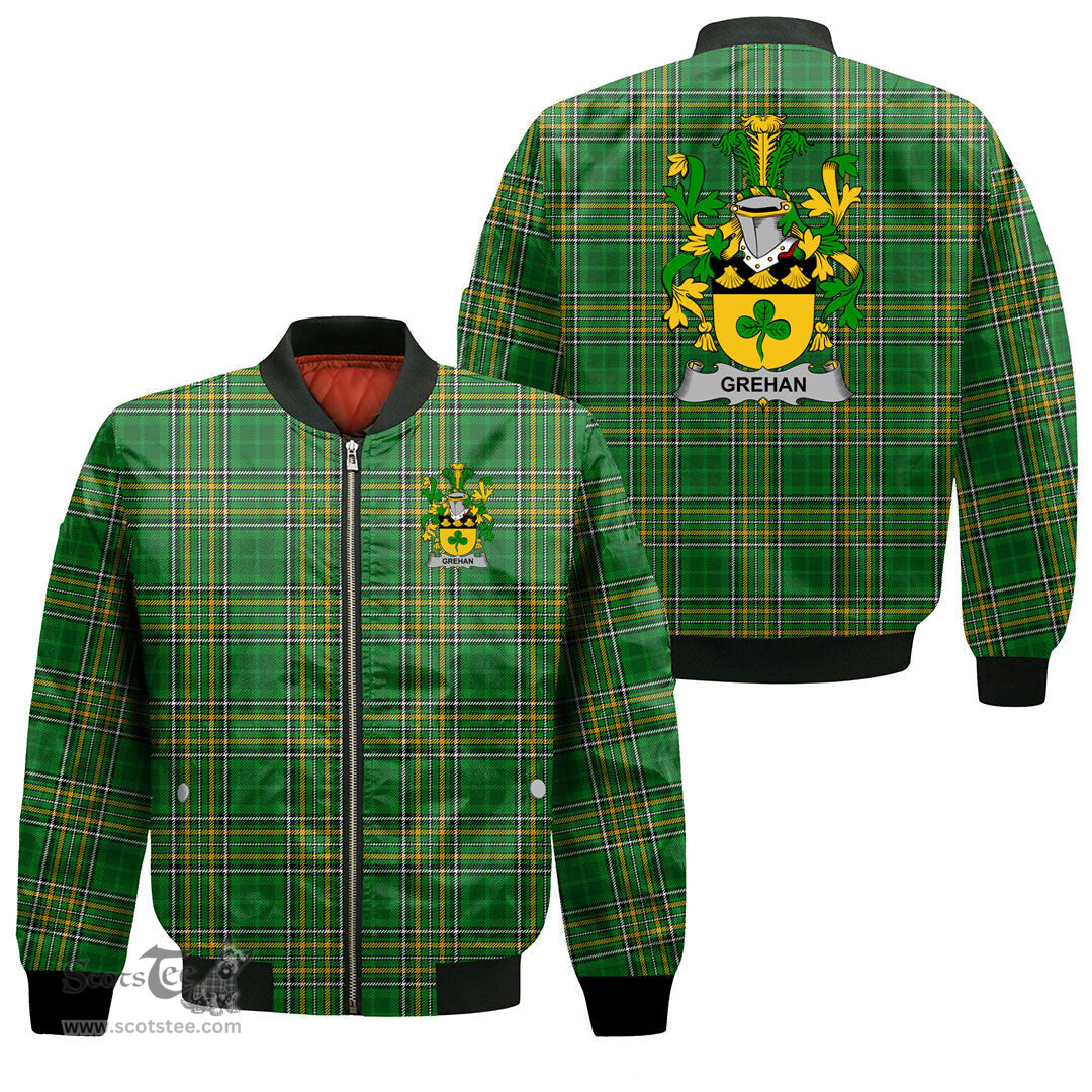 Irish Grehan or O Greaghan Coat of Arms Family Crest Ireland Bomber Jacket Irish National Tartan Irish County Jacket