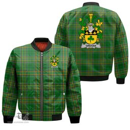 Irish Grehan or O Greaghan Coat of Arms Family Crest Ireland Bomber Jacket Irish National Tartan Irish County Jacket
