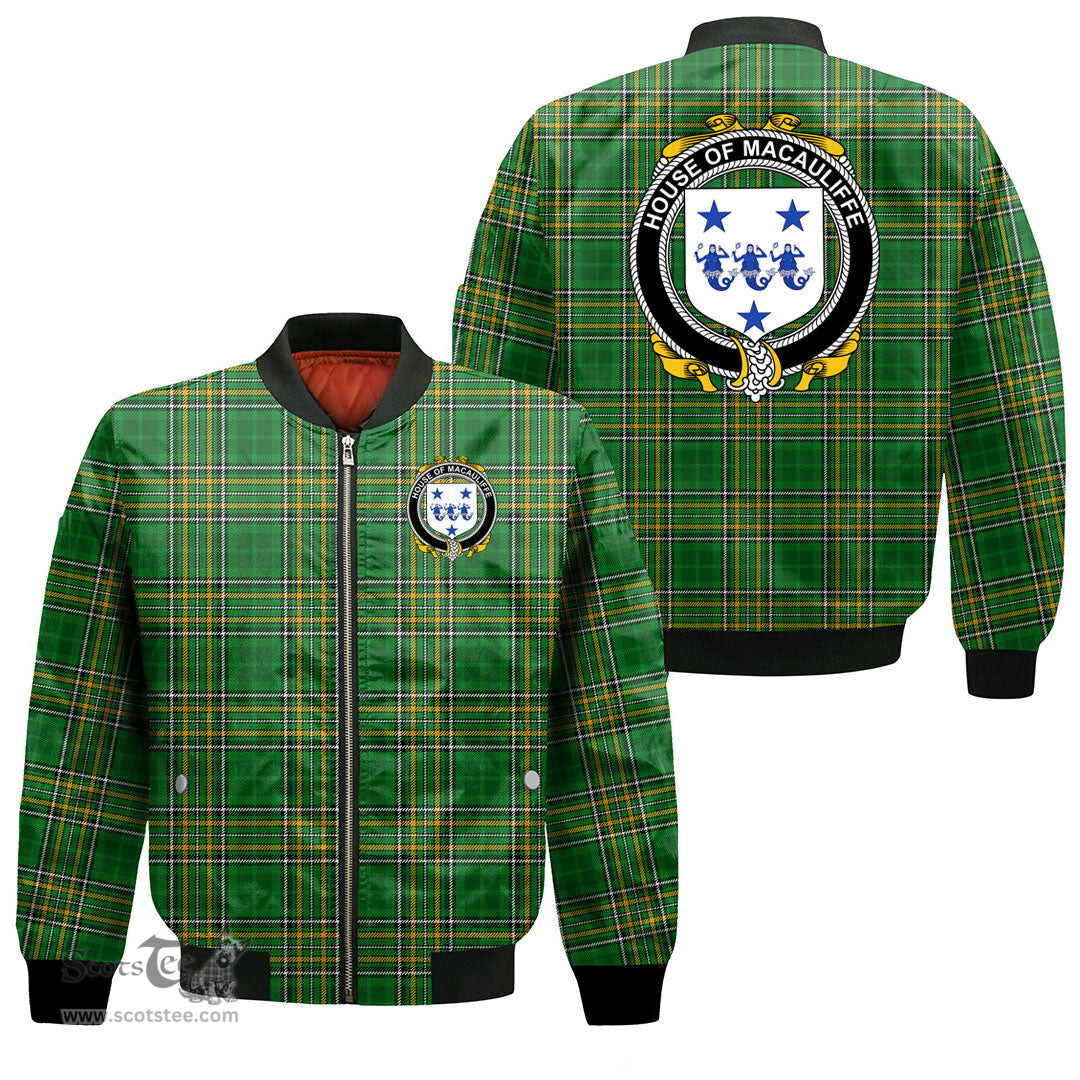 Irish House of MACAULIFFE Coat of Arms Family Crest Ireland Bomber Jacket Irish National Tartan Irish County Jacket