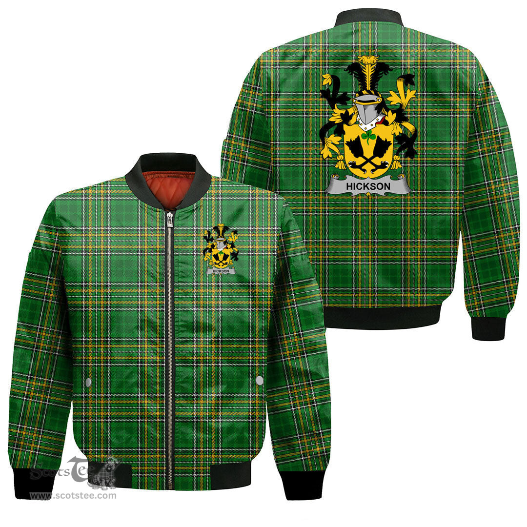 Irish Hickson Coat of Arms Family Crest Ireland Bomber Jacket Irish National Tartan Irish County Jacket