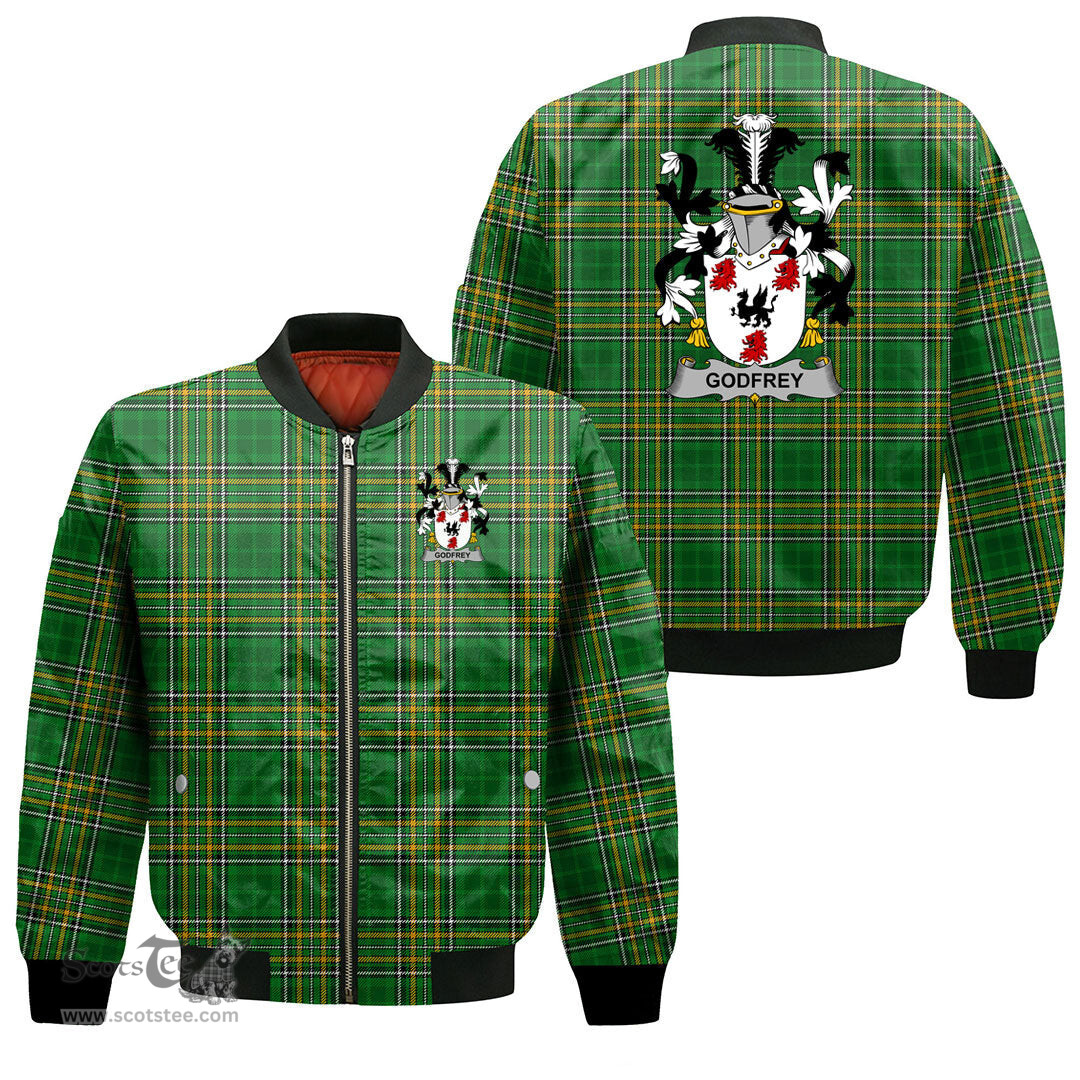 Irish Godfrey of Bushfield Coat of Arms Family Crest Ireland Bomber Jacket Irish National Tartan Irish County Jacket
