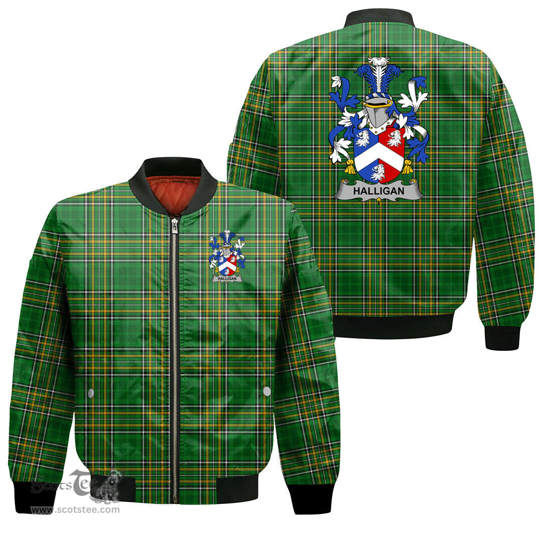 Irish Halligan or O Halligan Coat of Arms Family Crest Ireland Bomber Jacket Irish National Tartan Irish County Jacket