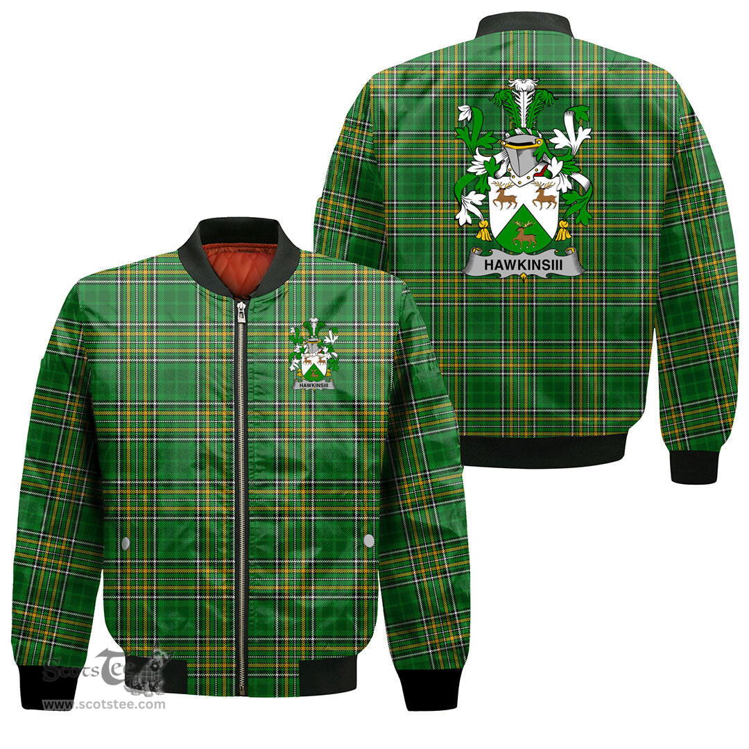 Irish HawkinsIII Coat of Arms Family Crest Ireland Bomber Jacket Irish National Tartan Irish County Jacket